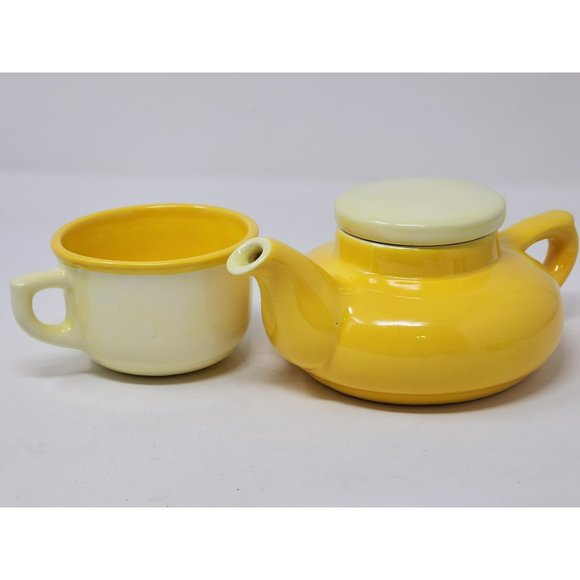 Vintage Yellow Ceramic Teapot W Lid & Coffee/Tea Cup Yellow/White Single Serve - Picture 1 of 16